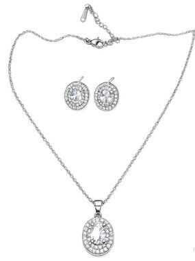 Classic Oval Cubic Zirconia Necklace Stud Earrings Jewelry Set Silver Toned NWT
